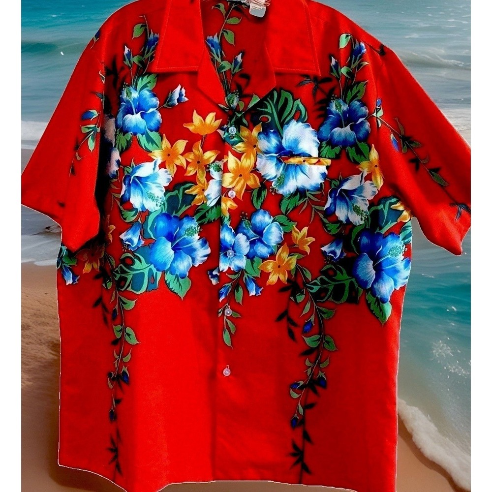 VTG 70s Kona Coast Hawaiian Shirt Mens XL Red Blue Hibiscus Tropical Aloha Poly